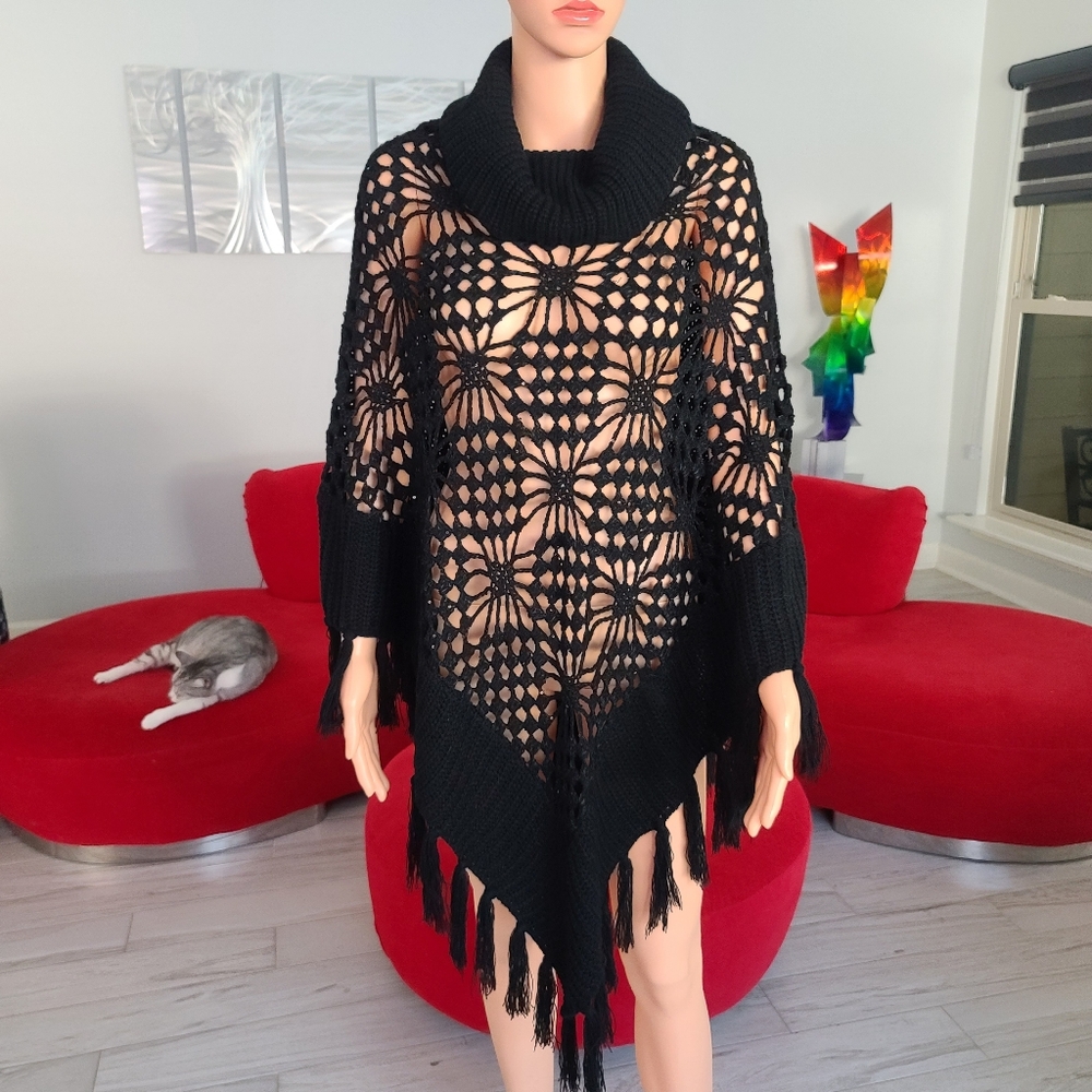 BEBE sheer front cowl neck knitted poncho black with black sequins One-Size